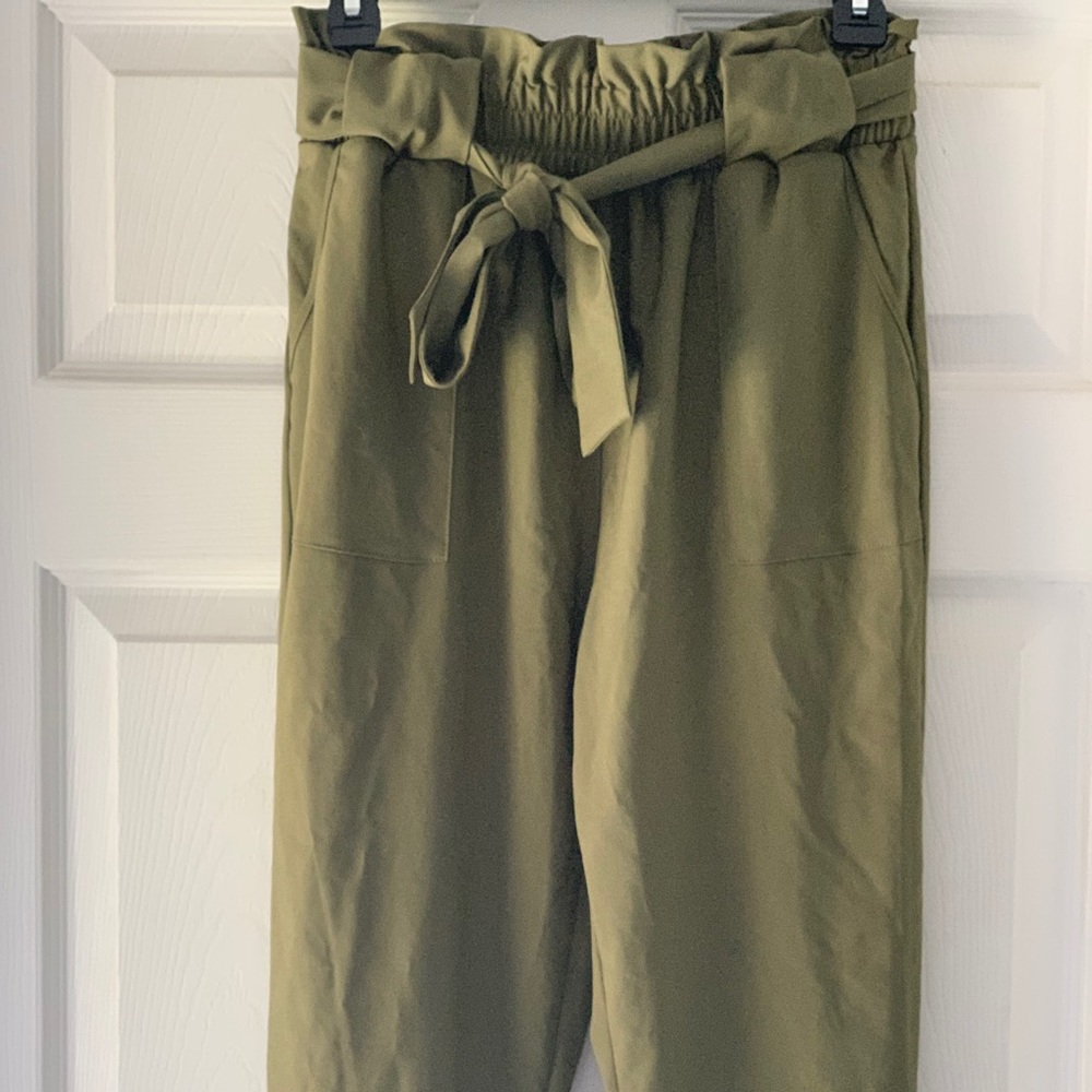 Solid ruffle tie high waste pants